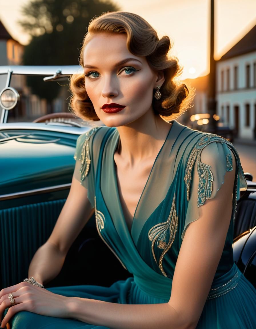 Woman in Gown on Vintage Car, Art Deco Style