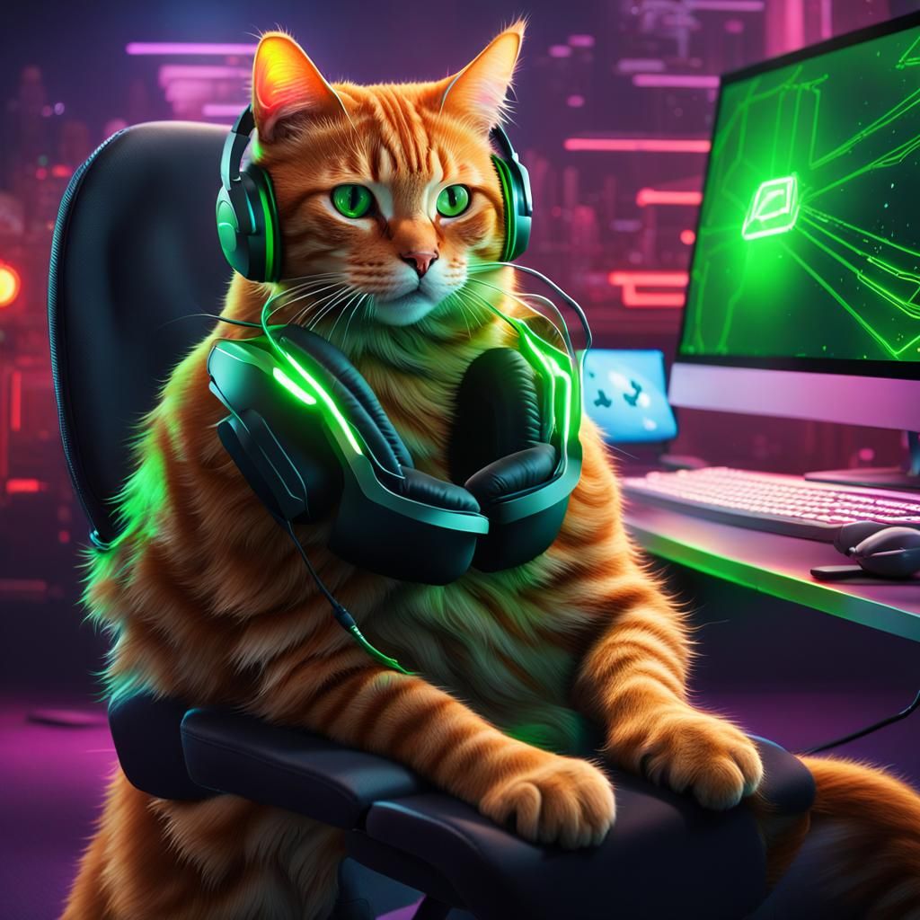 Gamer Cat with Headset in Front of Gaming PC