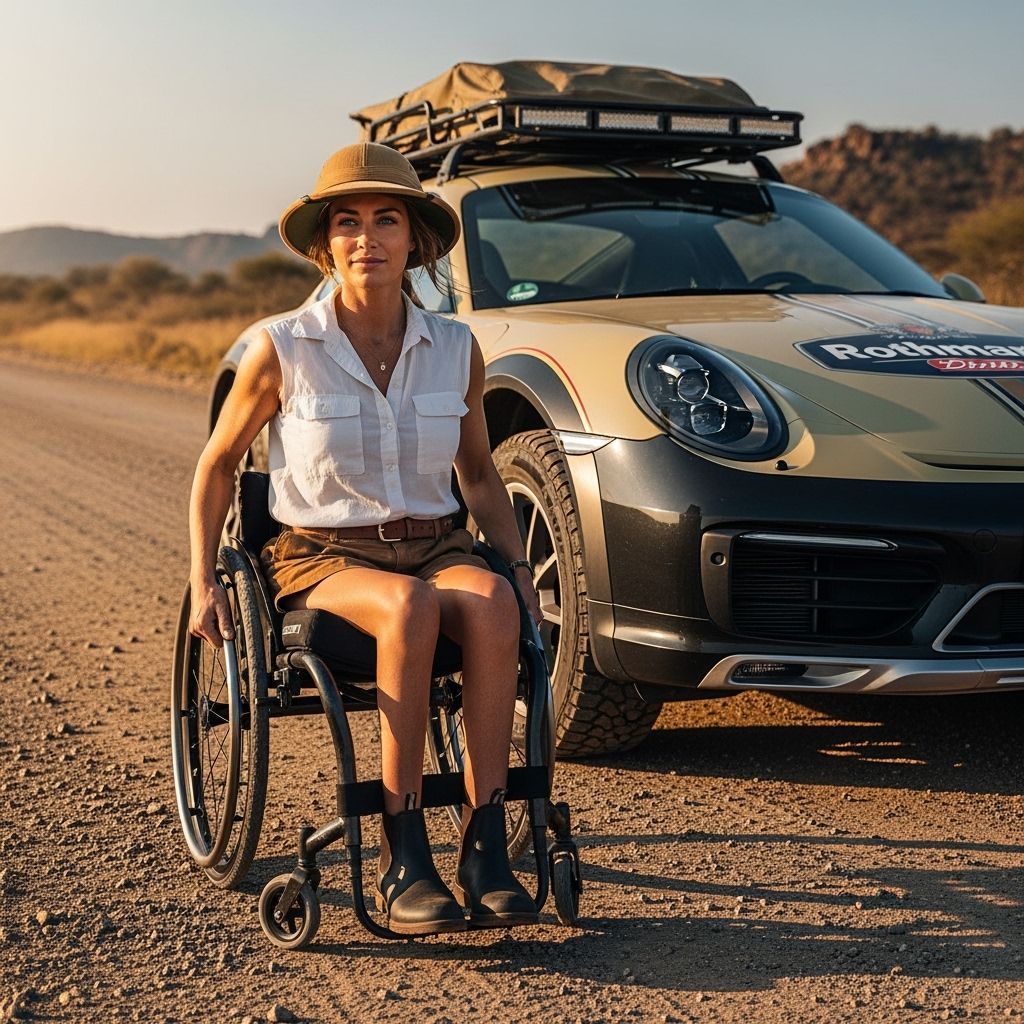 Woman in Safari Gear with Porsche on Dusty Road