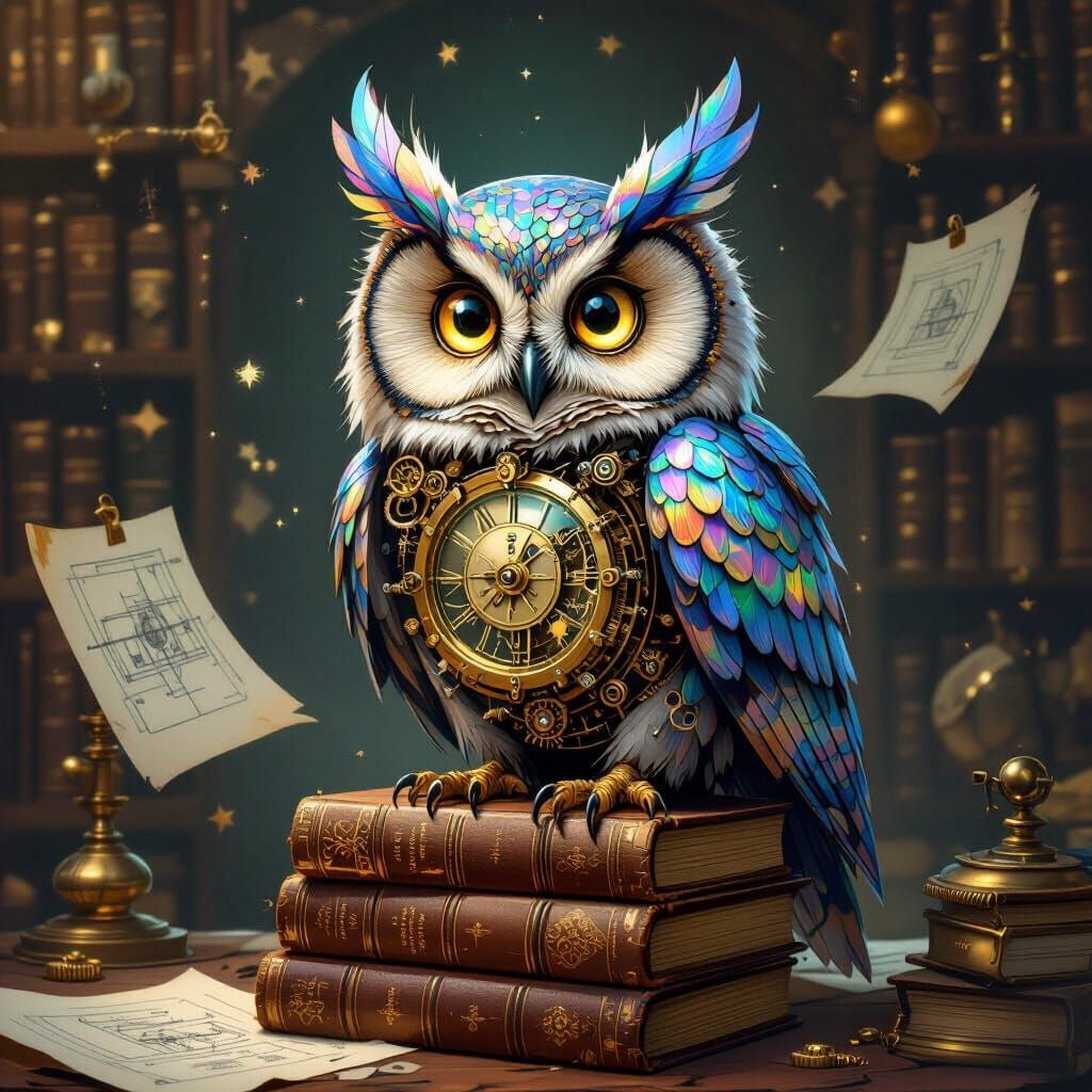 Clockwork Owl on Books in Steampunk Study