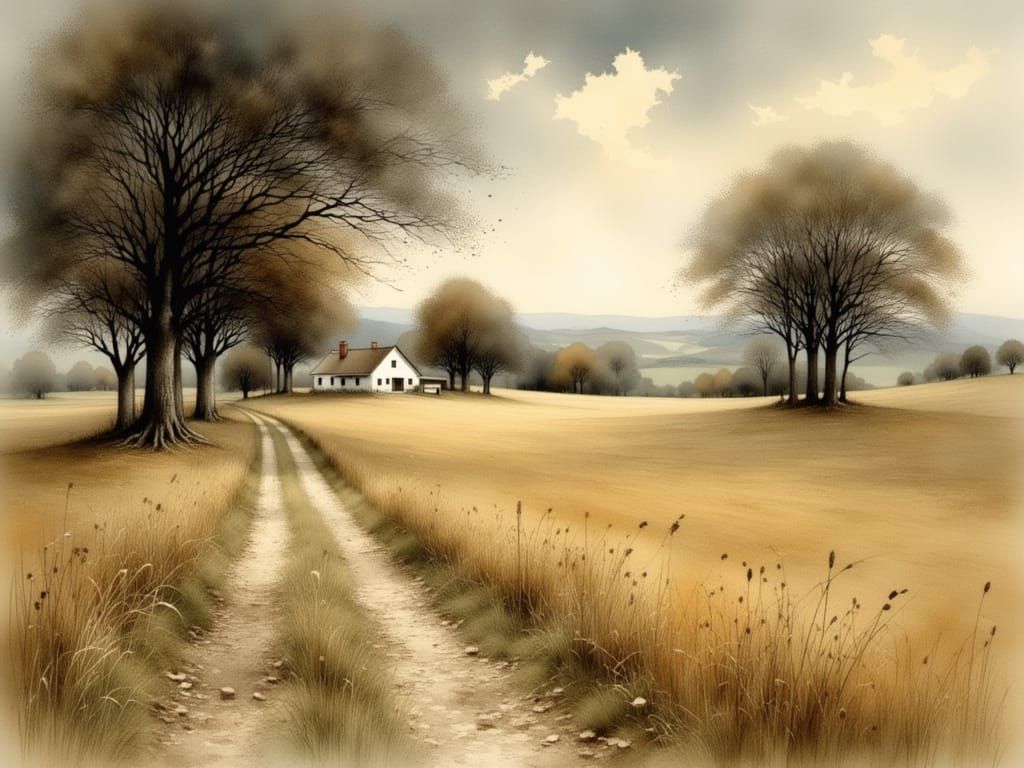 Rustic Road Leads to Serene Farmhouse Amidst Harvested Field...