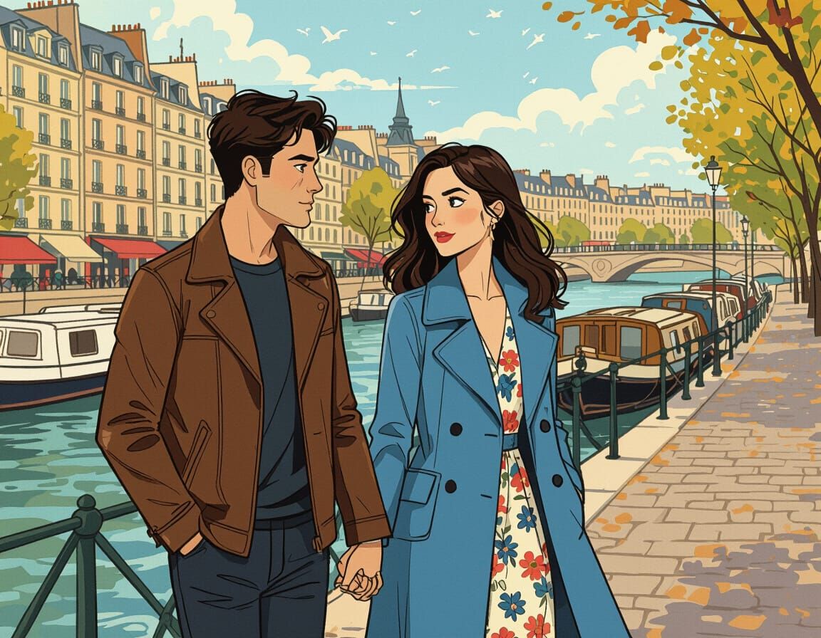 Couple Walking Along Seine in Ligne Claire Style