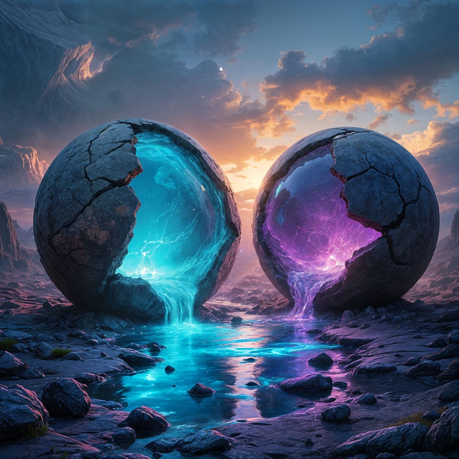 Surreal Landscape with Leaking Neon Spheres