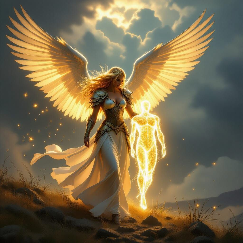 Valkyrie Ascends with Fallen Hero's Soul in Dramatic Sky