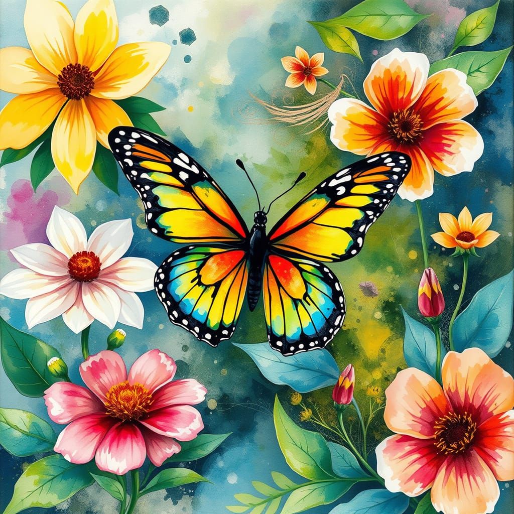 Vibrant Butterfly in Botanical Scene as Watercolor Painting