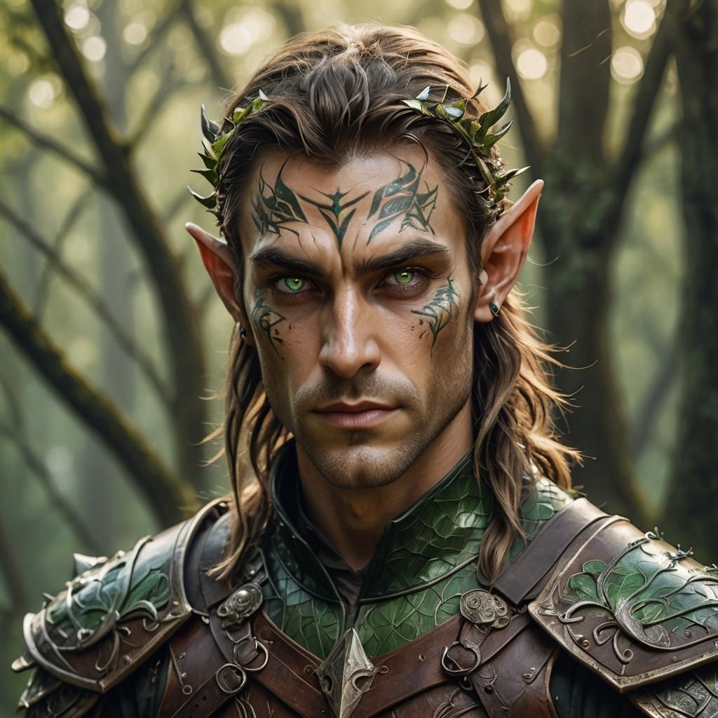 Portrait of Handsome Elf Warrior with Emerald Eyes
