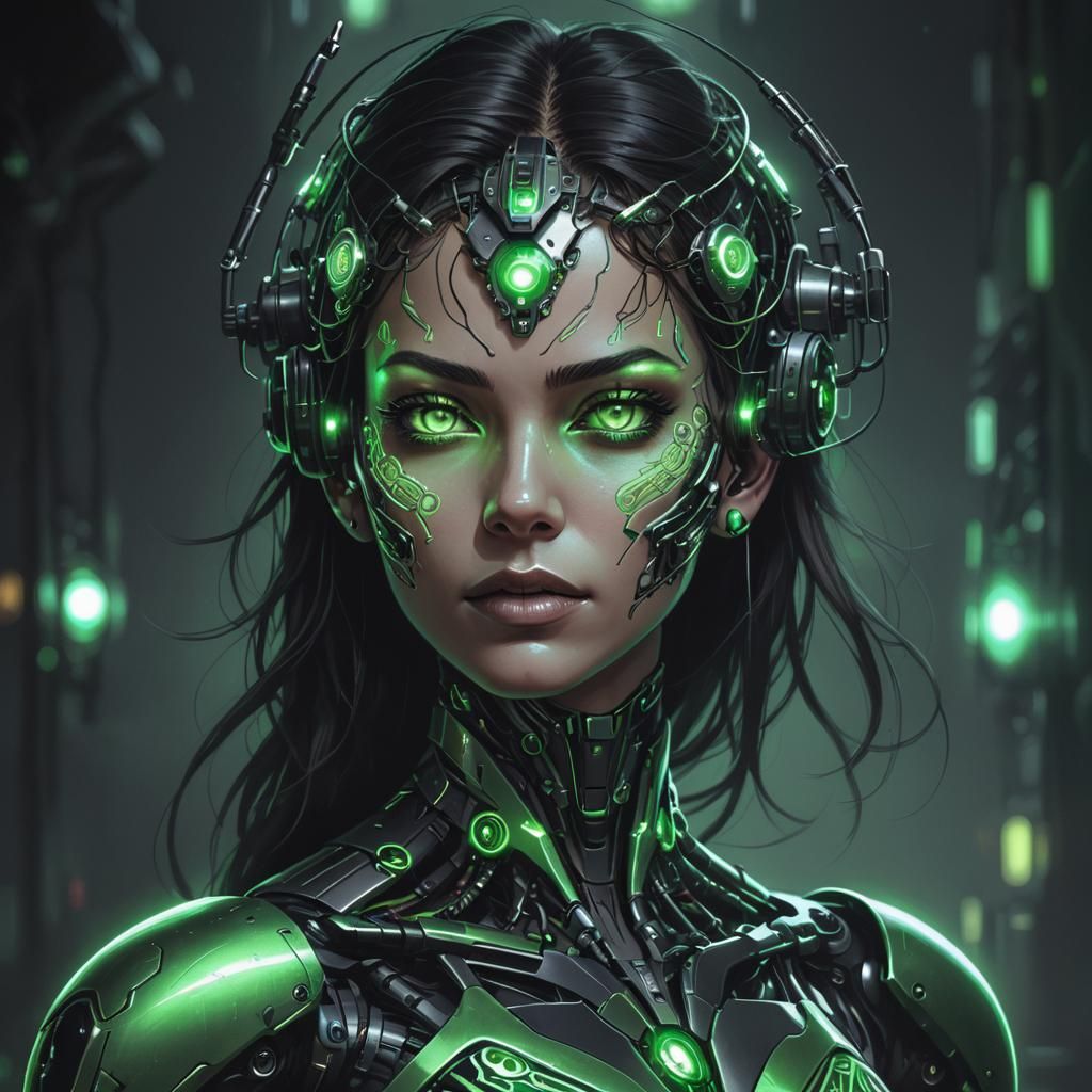 Cyborg Lady with Glowing Neon Parts
