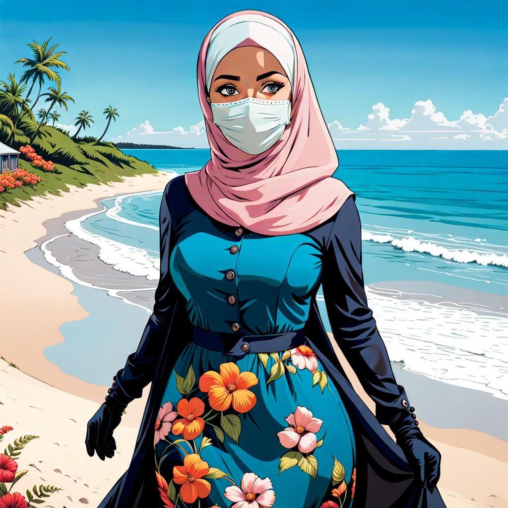 Curvy Woman in Flowered Dress at Beach Portrait