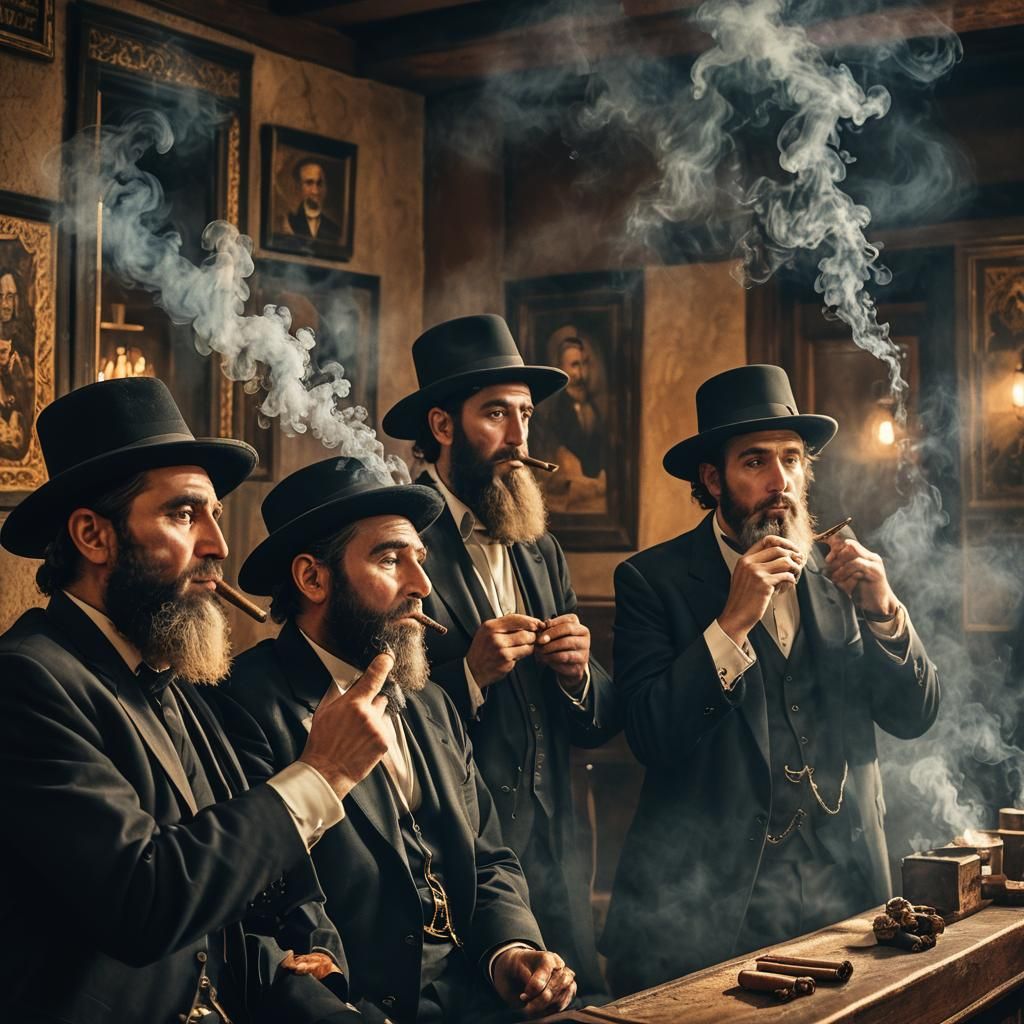 Haredi Men Smoking Cigars: Hyper-Realistic Portrait