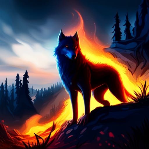 Blue Fire Wolf and Dragon in Dark Forest