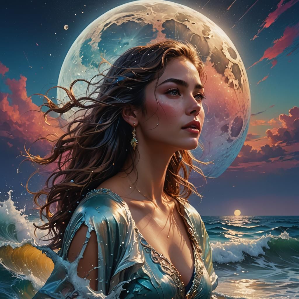Hyperrealistic Moonlit Ocean Woman Splash Art