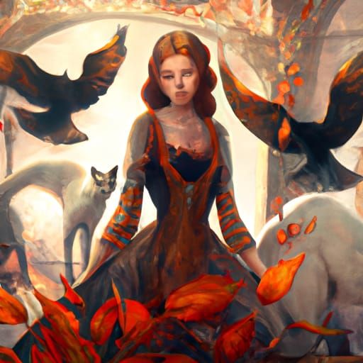 Samhain Goddess at Crossroads: Autumnal Oil Painting