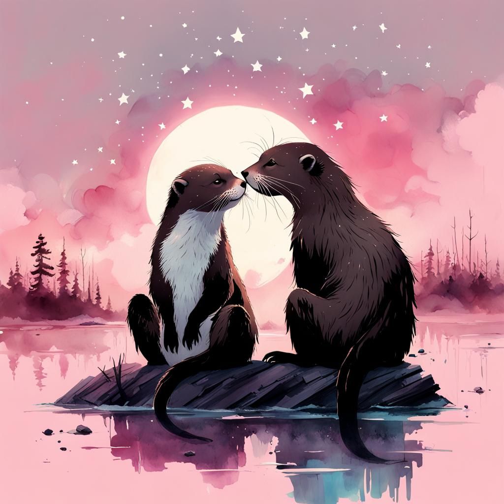 Otters Play Under Starry Sky: Watercolor Splash Art