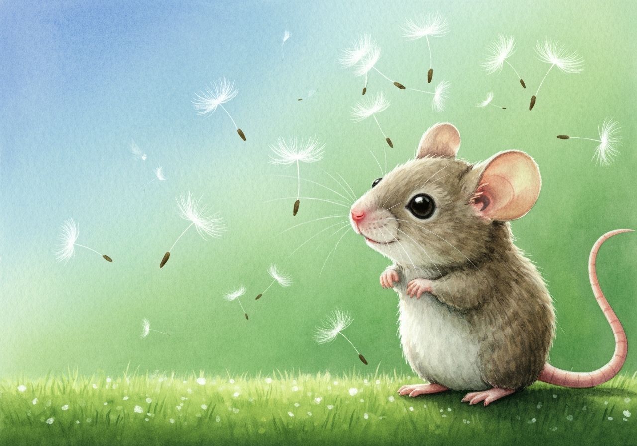 Mouse Peeking Through Dandelions in Watercolor