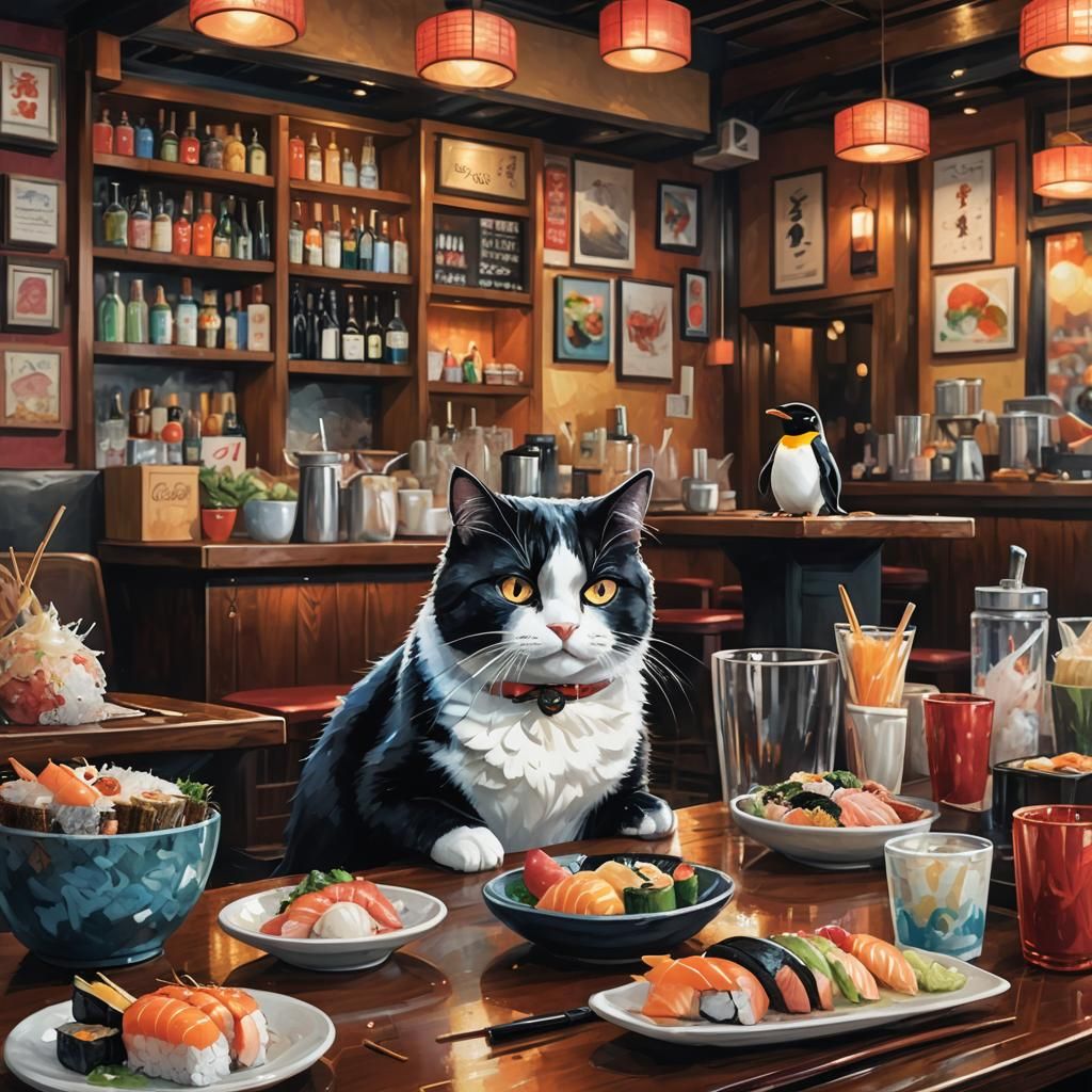 Hyperrealistic Cat and Penguin at Sushi Bar