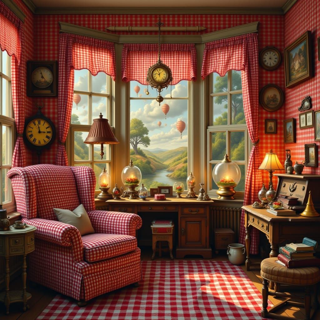 Whimsical Gingham Room Filled with Curiosities