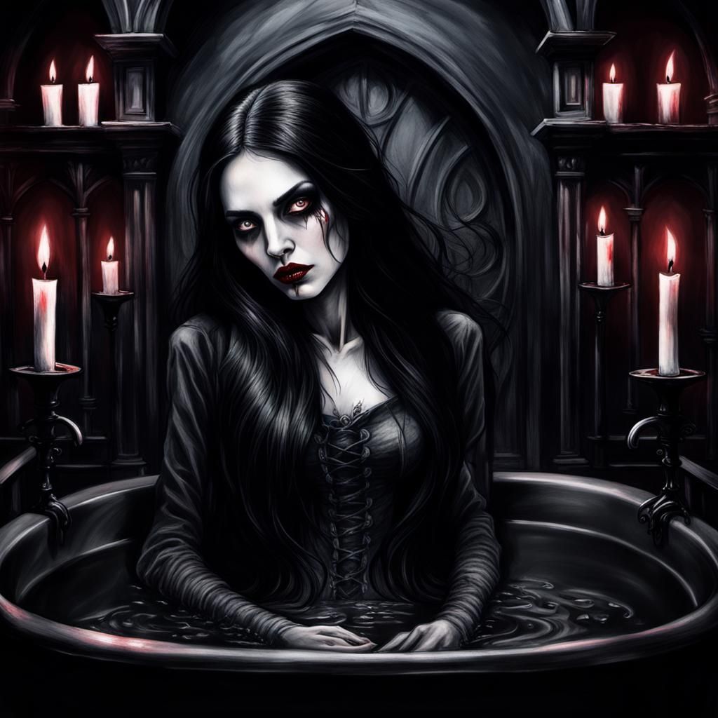 Elegant Vampire Bathes in Gothic Candlelight: Charcoal Art