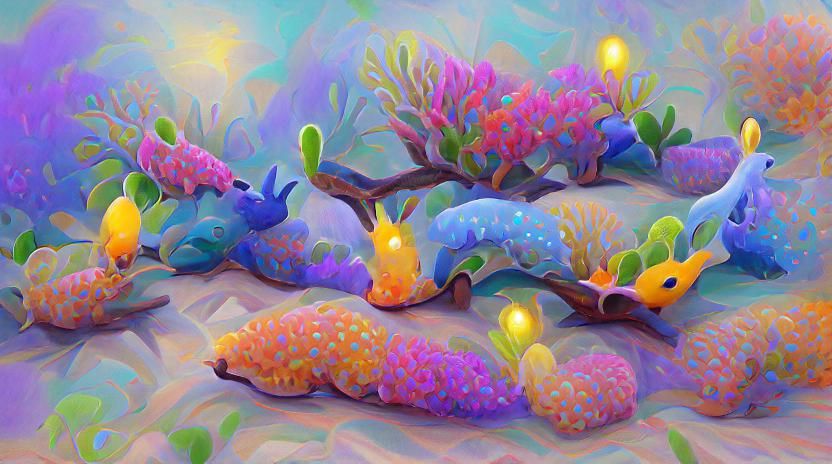 Luminescent Sea Slugs on Coral: A Pastel Art Piece