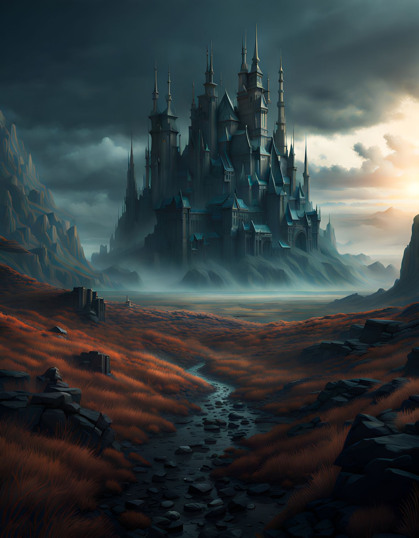 Eerie Landscape with Black Castle: Cinematic Digital Art