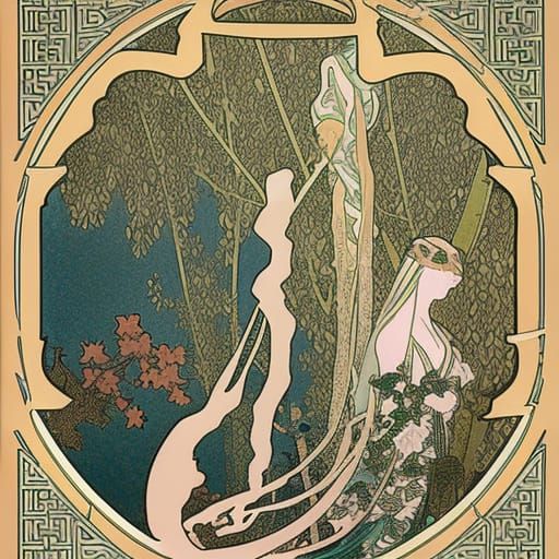 16k resolution, art by Alphonse Mucha and Hokusai. Along the river, elegant willow trees draped in snow, their branches ...