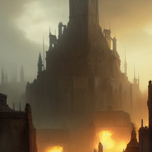 Epic Fortress Under Fire in Dark Fantasy Style