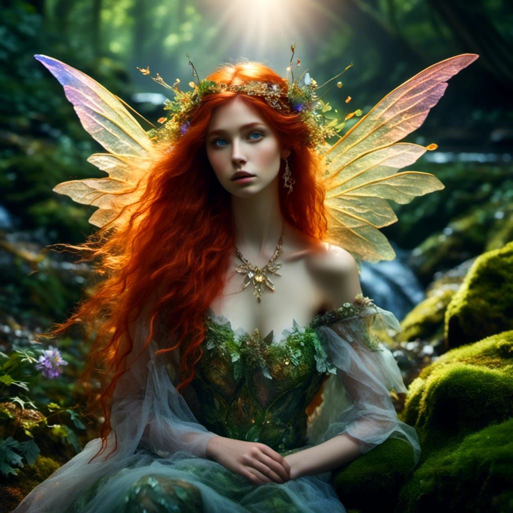 Beautiful Fairy with Filigree Wings by Stream