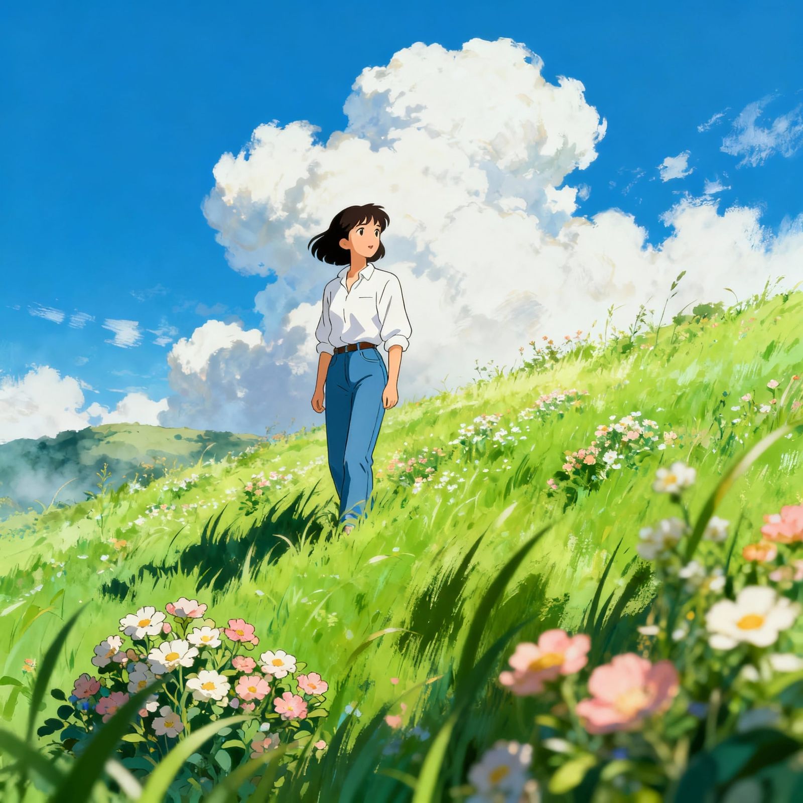 Woman in Meadow: Cinematic & Whimsical Art Style