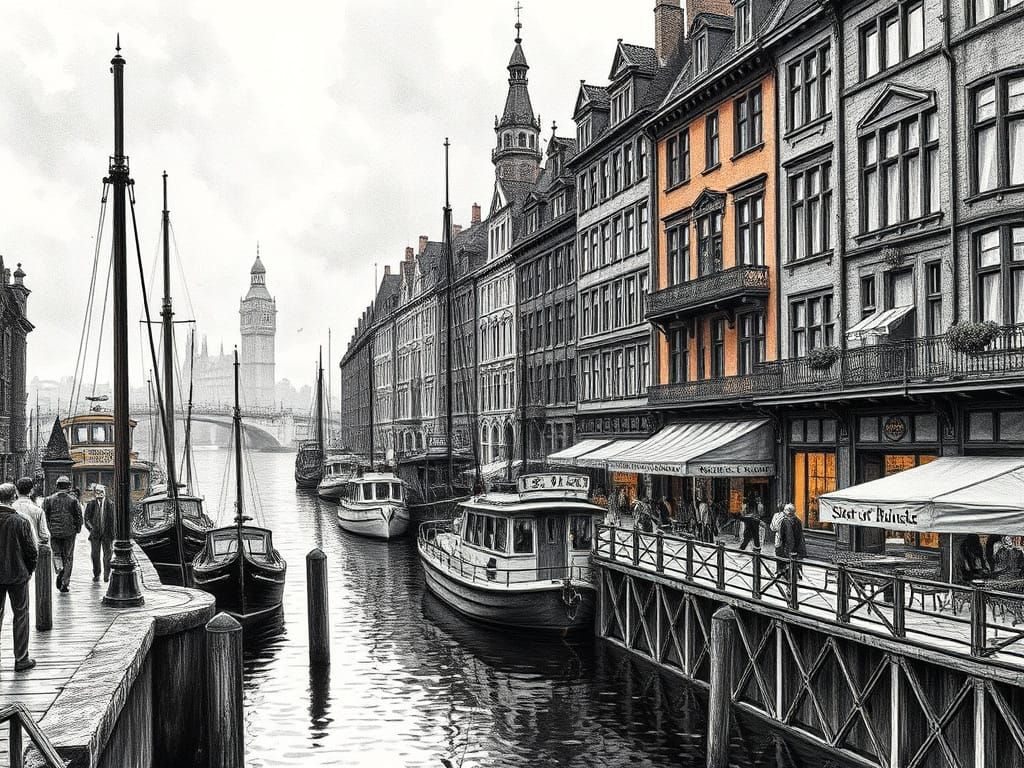 Highly detailed black and white  pen and ink drawing of a Victorian quayside