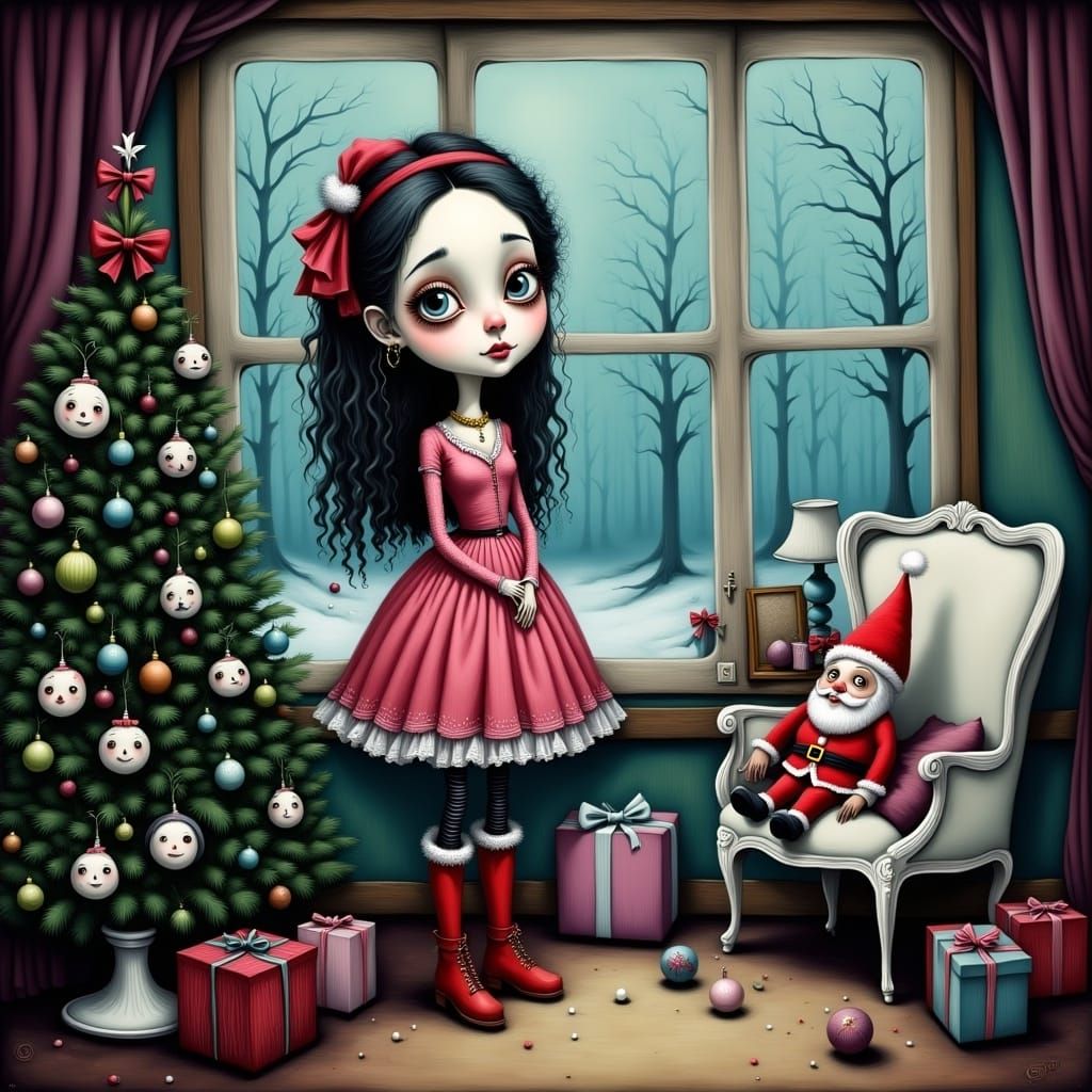 Gothic Christmas Scene in Folk Art Style