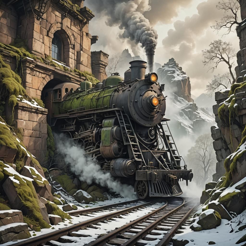 Steam Locomotive Behind Crumbling Sandstone Wall
