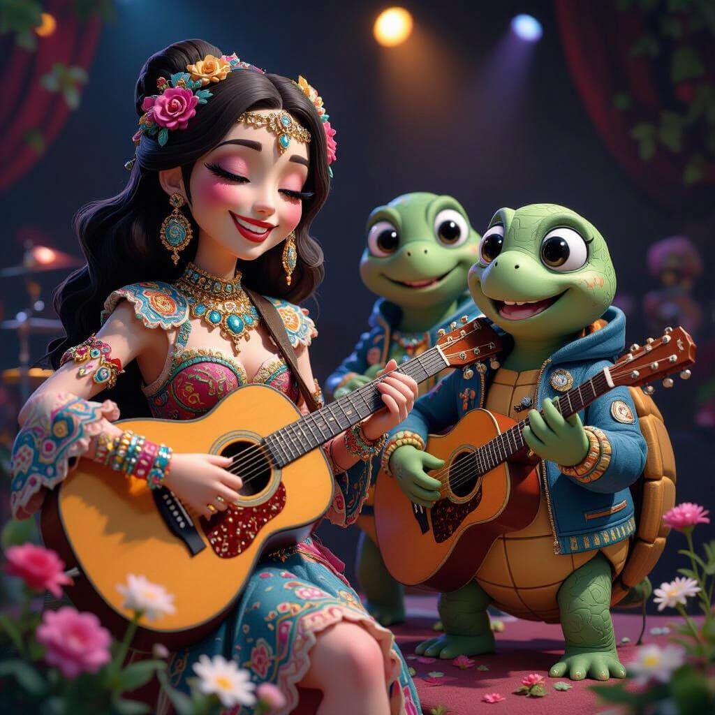 Hyperrealistic Woman and Turtle Musicians in 3D Style