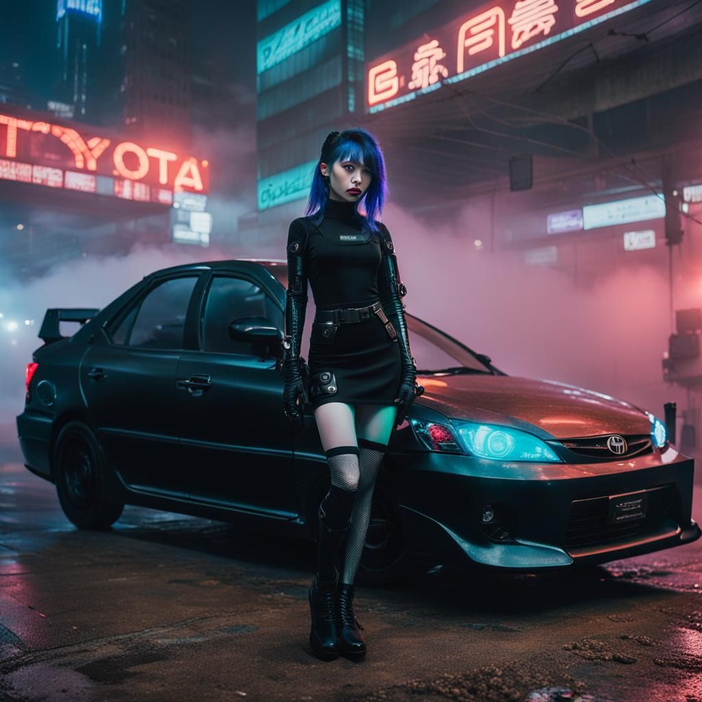 Cyberpunk Yakuza Girl in Matrix Suit with Custom Car