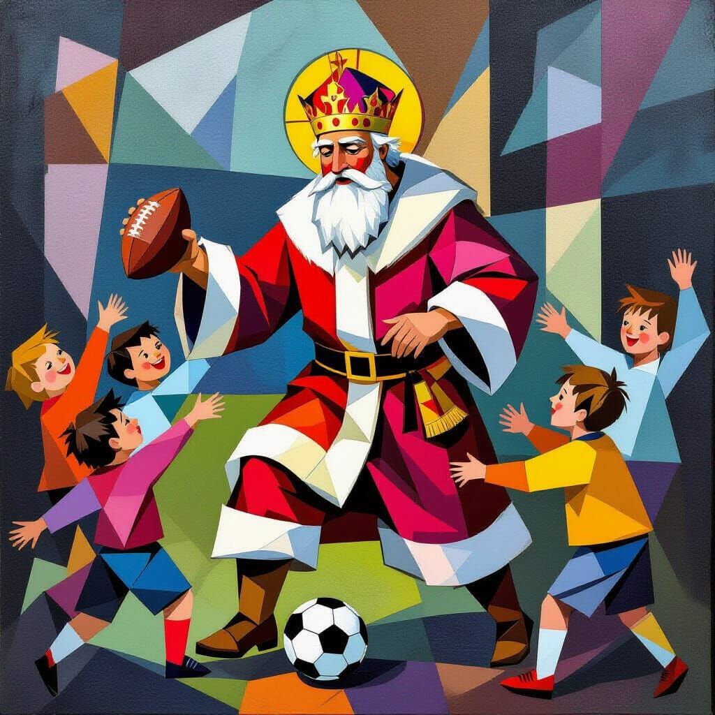 Saint Nicholas Plays Football with Children in Cubist Style