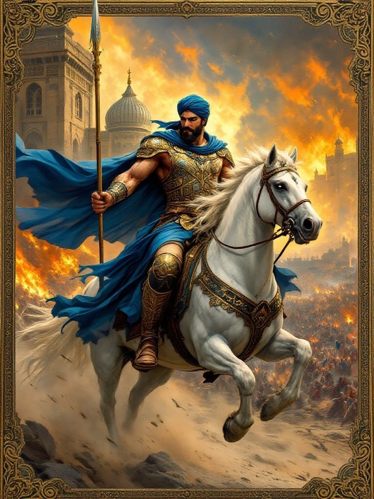 Heroic Warrior Rides into the Flames of Battle