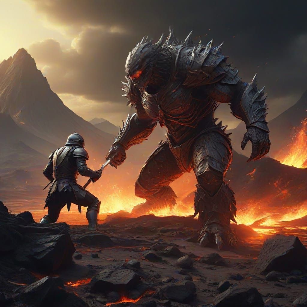 Epic Fantasy Knights Clash in a Blazing Volcano