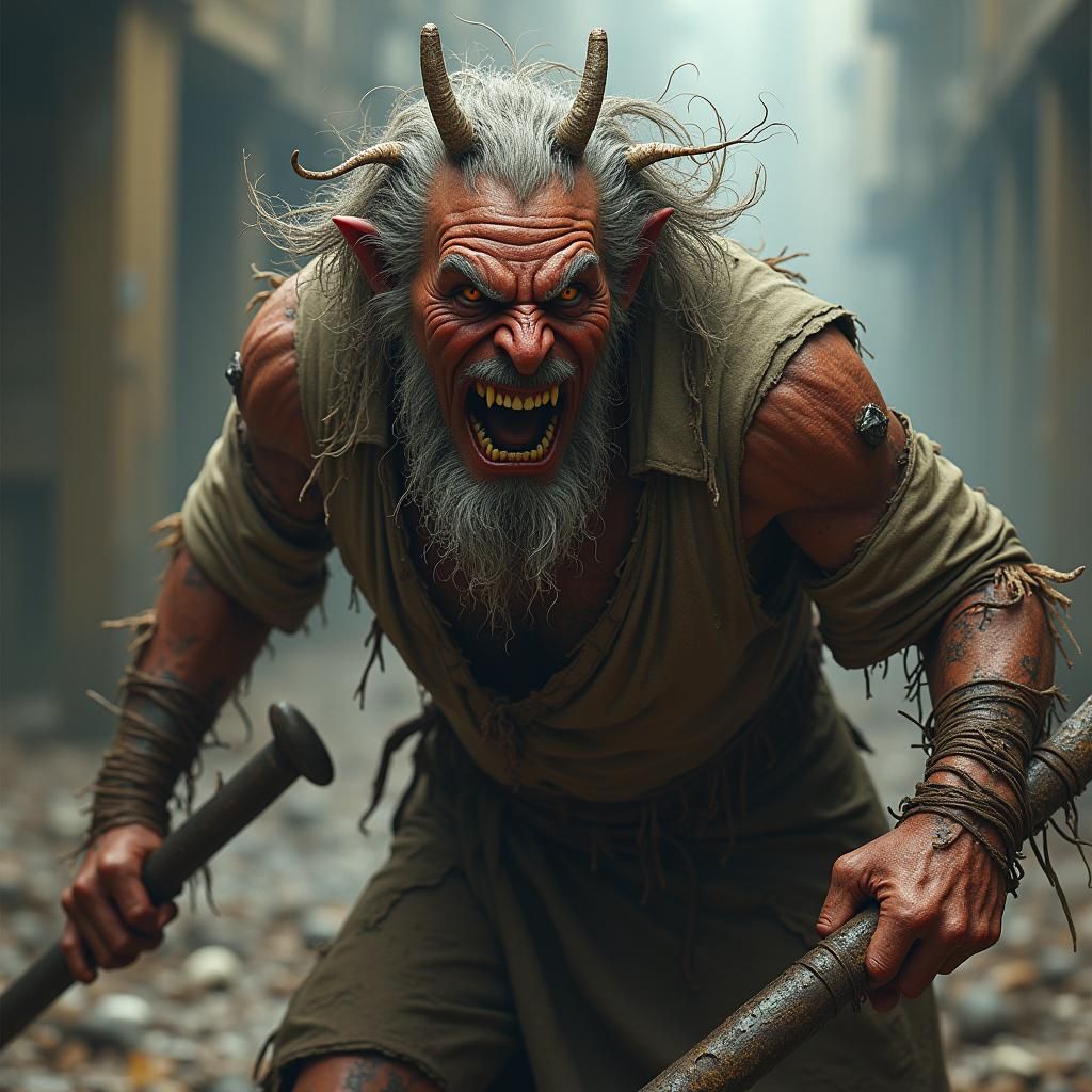 Menacing Demon with Rusty Sword: Detailed Matte Painting