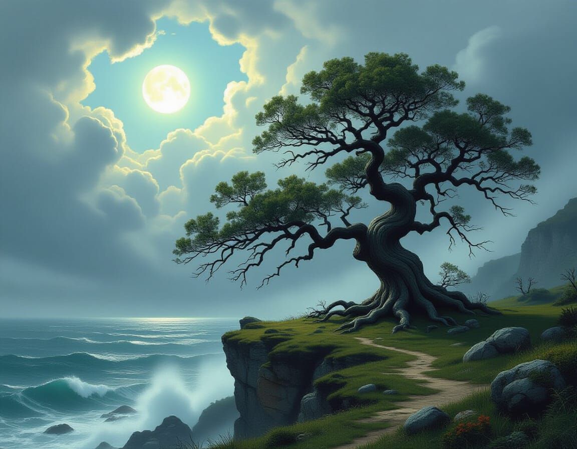 A solitary, ancient oak tree stands majestically on a windsw...