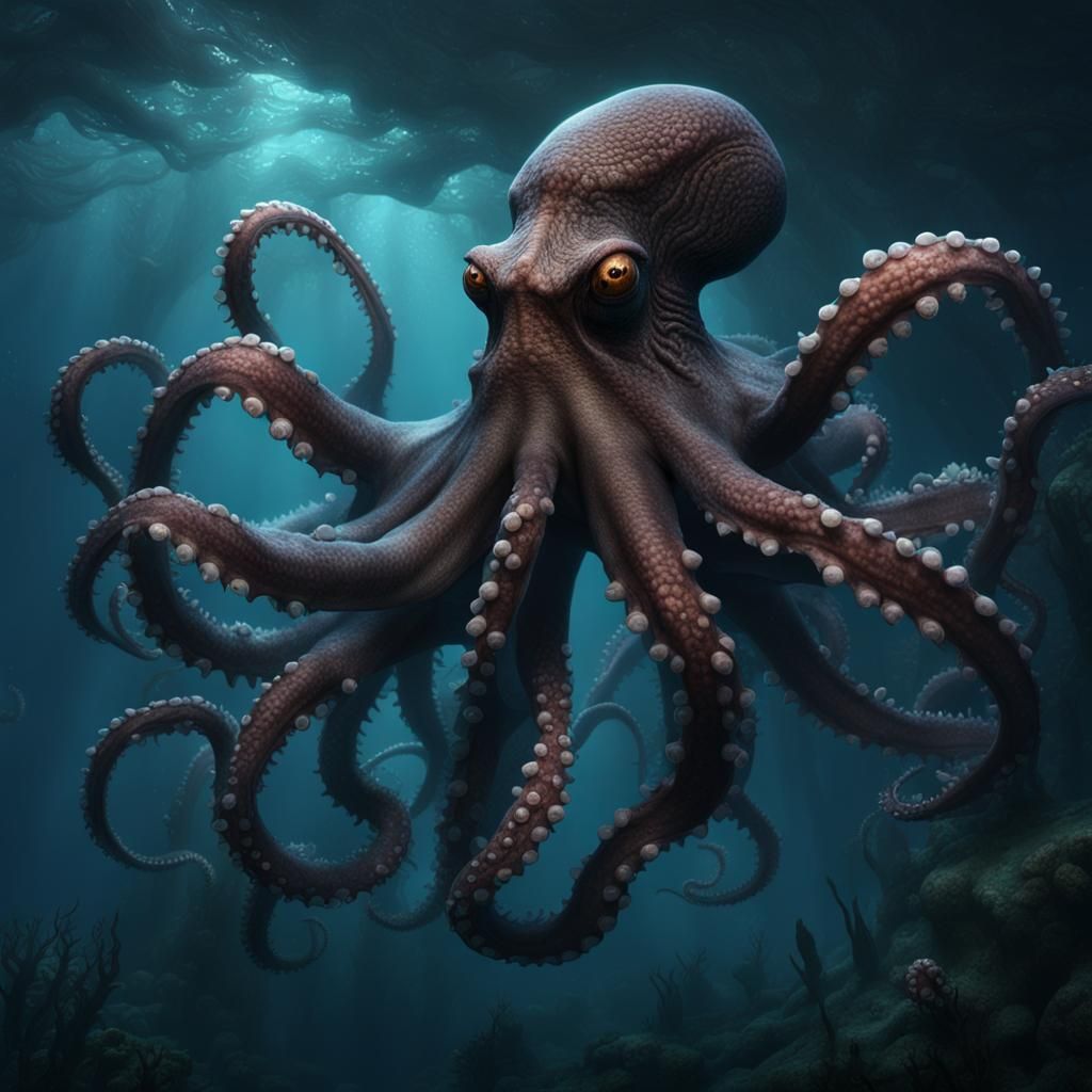 Giant Octopus in Dark Ocean Depths