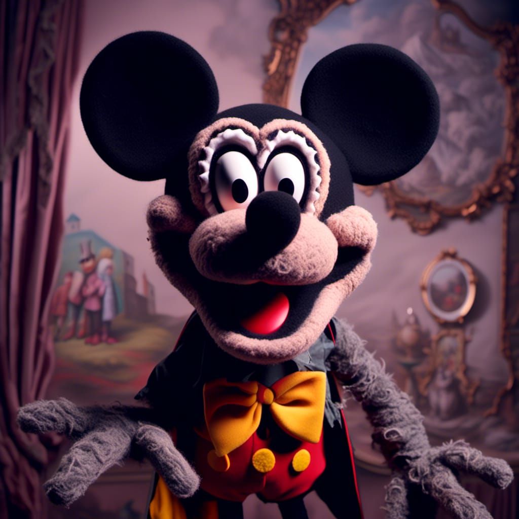 Scary Mickey Mouse as Hyperrealistic Dark Muppet