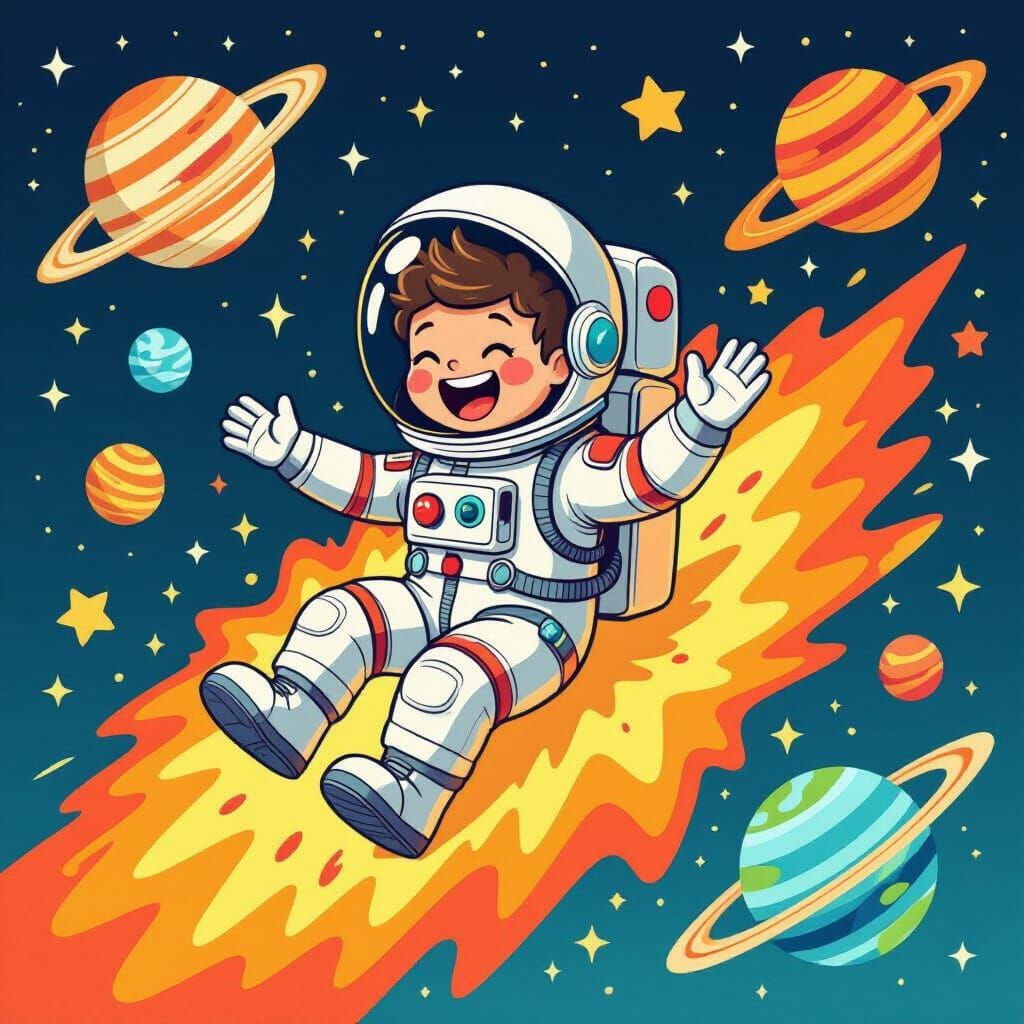 Earth is giggling, sliding down solar flares like water slides, with moon floaties and splashing meteorites. Other plane...