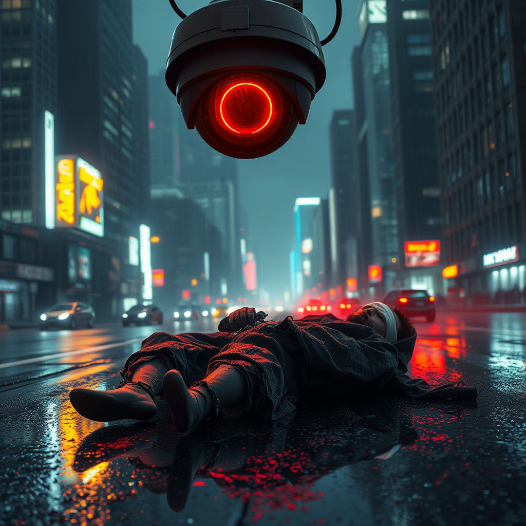 Dystopian Cityscape: Handcuffed Figure Under Surveillance