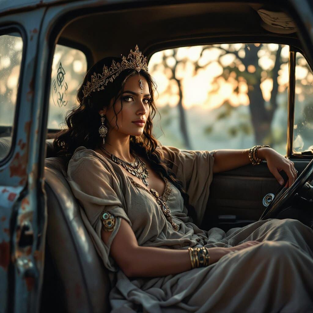 Mother Goddess in Old Car: Resilience and Ancient Wisdom
