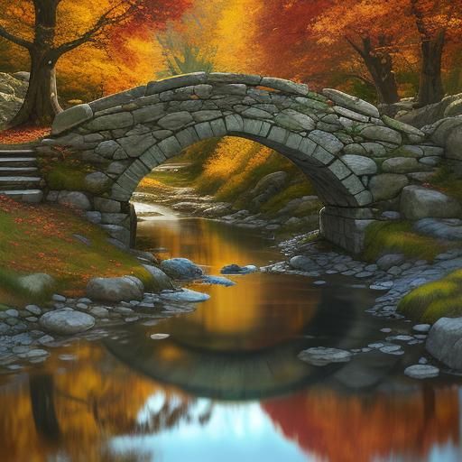 Autumn Forest: Stone Bridge and River Reflection