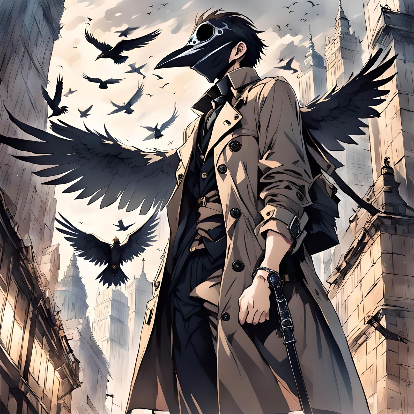 Man in Bird Mask on City Spire, Anime Style