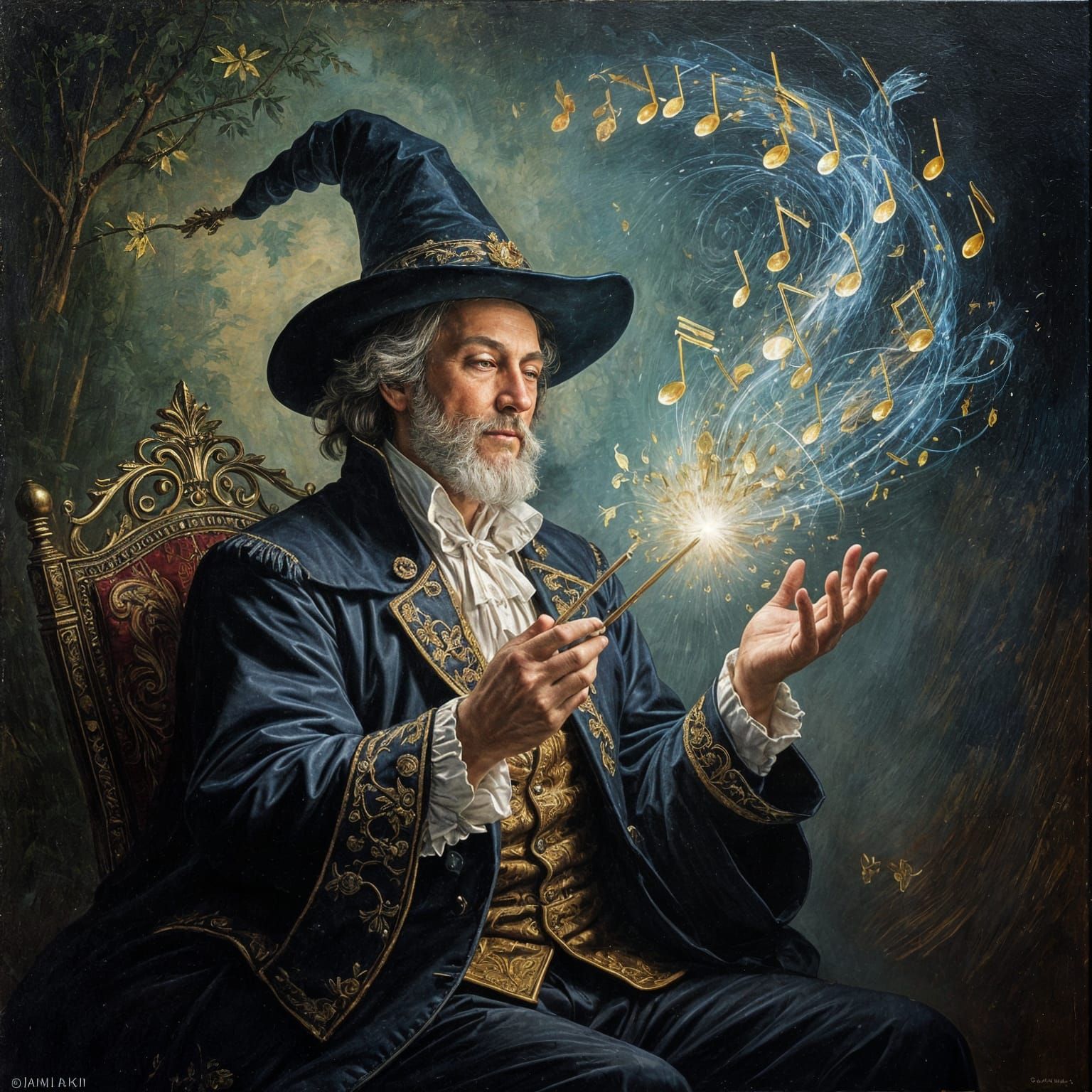 Magician Plays Enchanting Music in Romantic Oil Painting Sty...