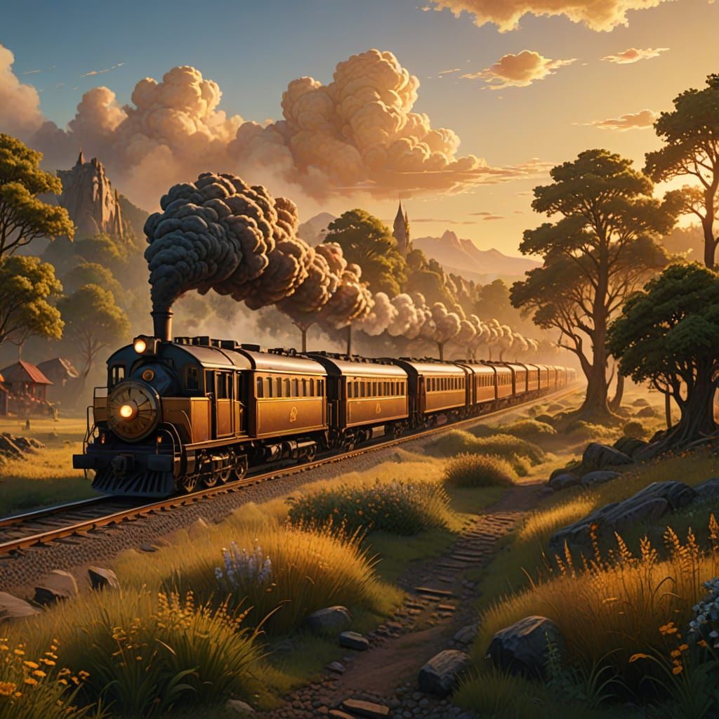 Train Travels Through Summer Landscape: Oil Painting