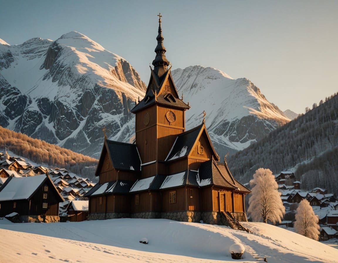 Medieval Norwegian Stave Church Amidst Snowy Mountains