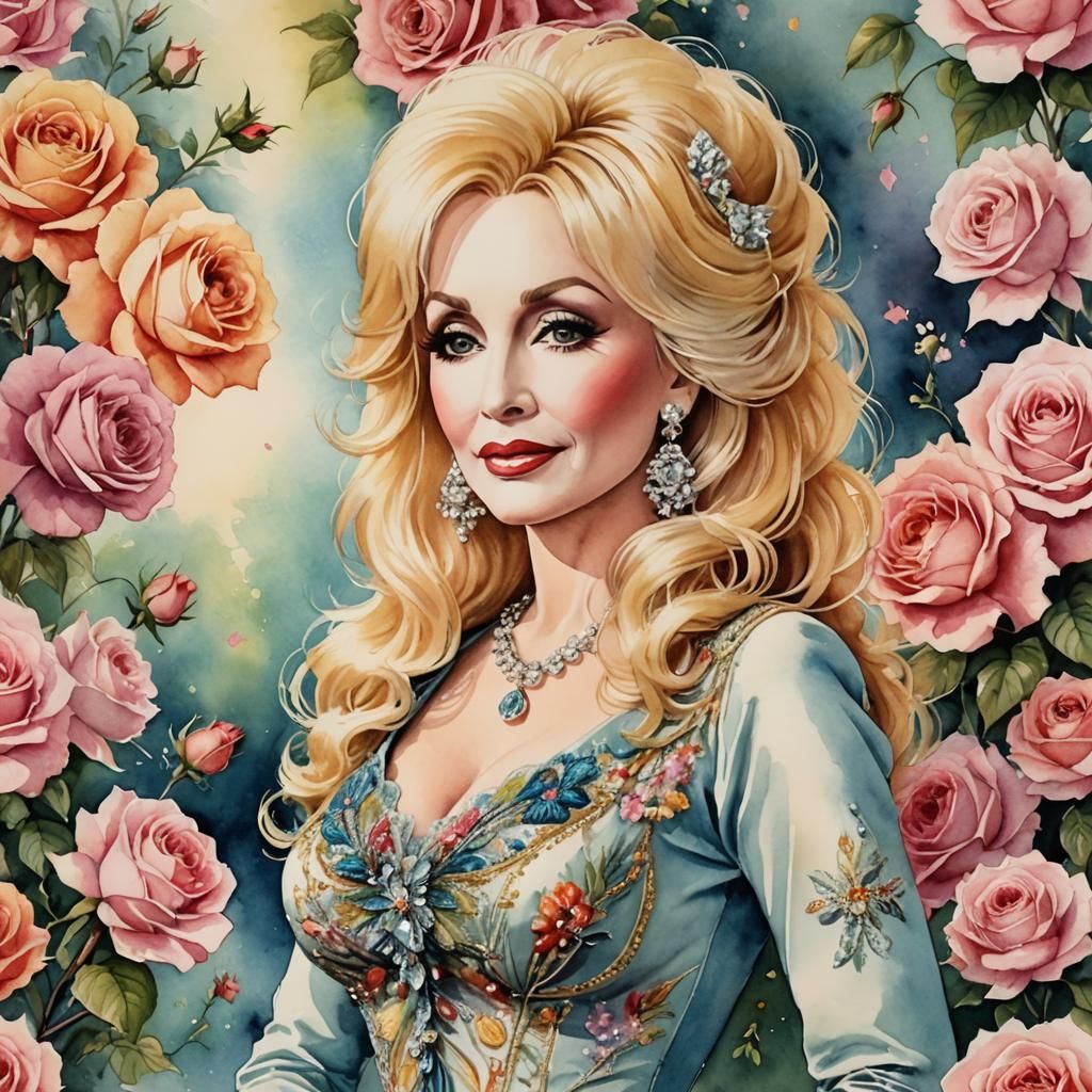 Dolly Parton in Romantic Watercolor Art Deco Style