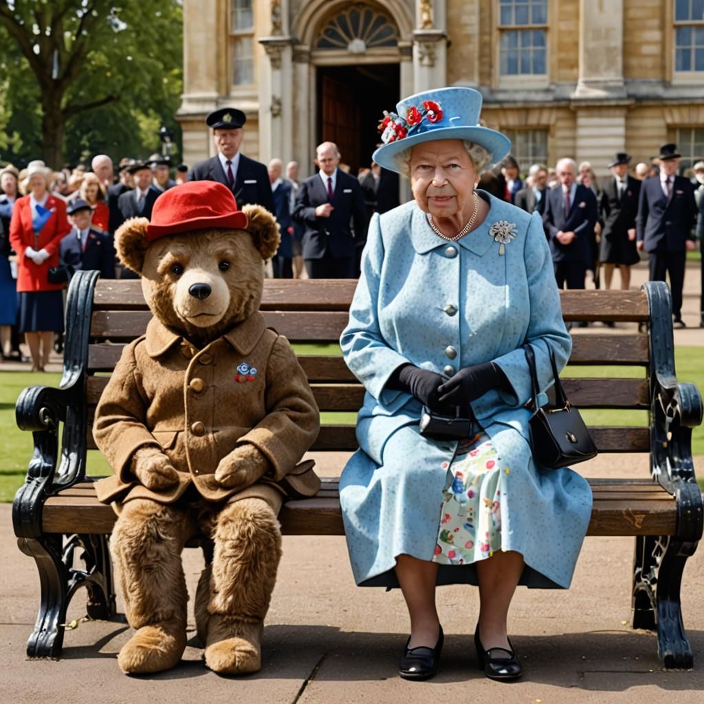 Queen Elizabeth II and Paddington Bear sit on a bench in fro...