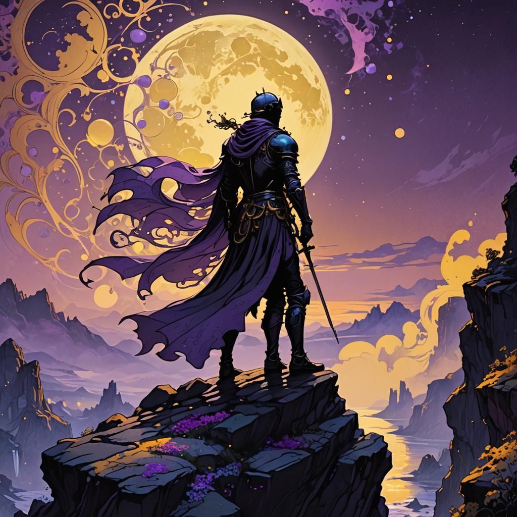 Knight on Cliff in Dark Fantasy Art Nouveau Style